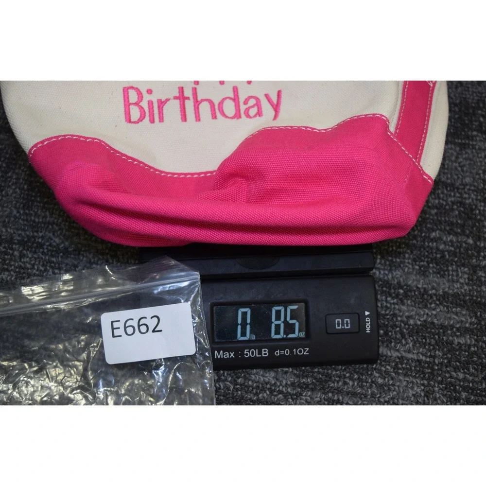 Lands End Happy Birthday HEAVY DUTY Canvas Bucket Bag White Embroidered Tote